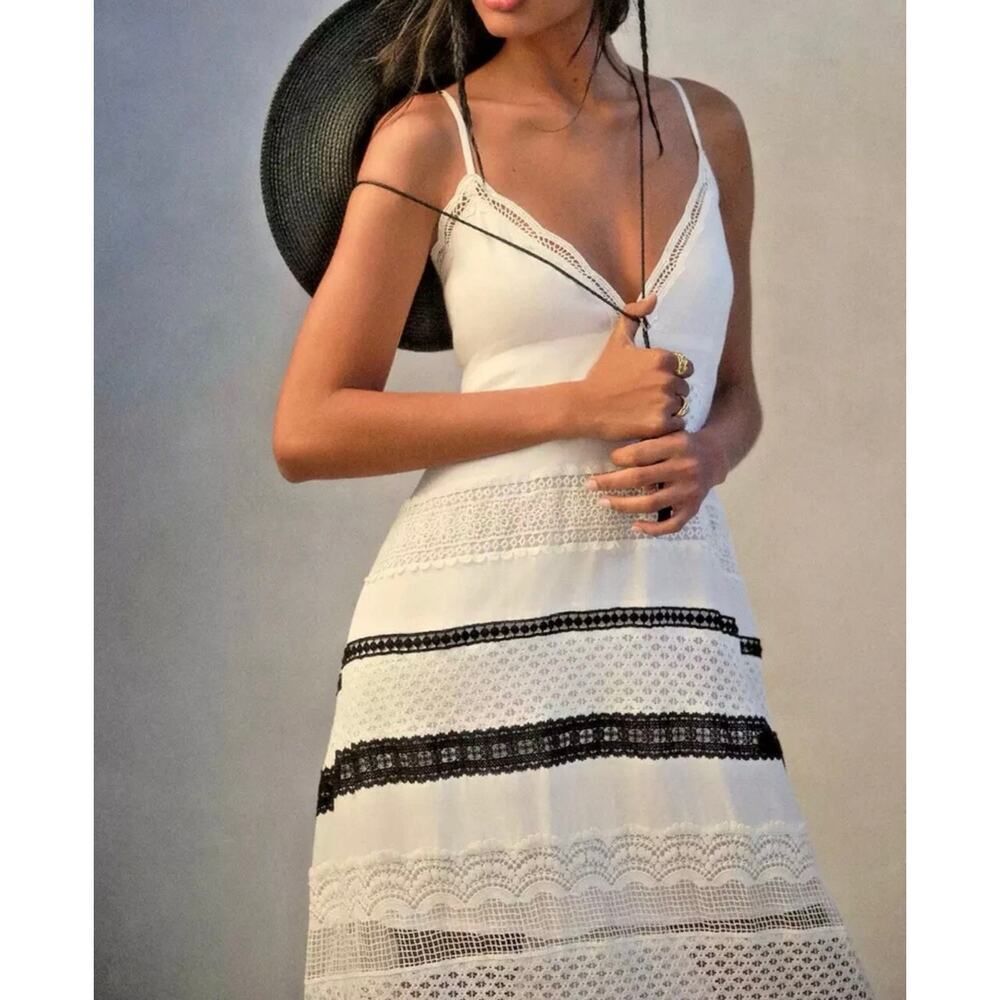By Anthropologie Whimsigoth Boho Tiered Maxi Dress Contrast Crochet Lace SZ L - Picture 15 of 16